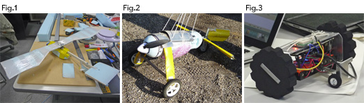 CanSats: Fig.1 is fixed wing type. Fig.2 is a kind of rover type but driven by its propeller. Fig.3 is a rover type.