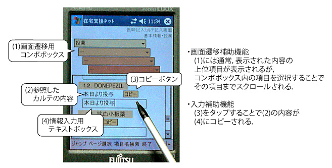 補助機能を用いたカルテ記入画面